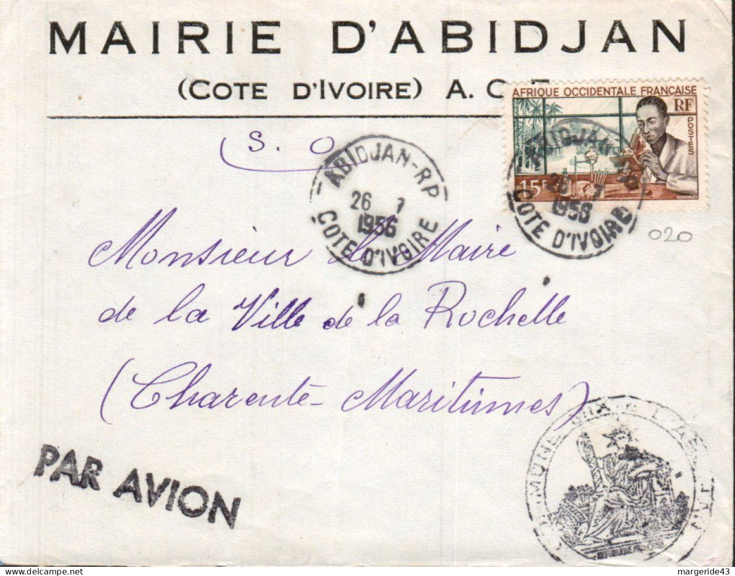 A O F SEUL SUR  LETTRE DE MAIRIE D'ABIDJAN 1956 - Covers & Documents