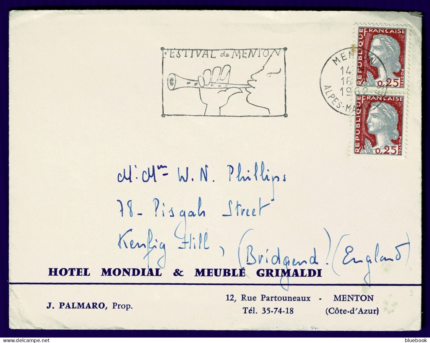 Ref 1648 - 1962 Super Advertising Cover Hotel Mondial - Menton France 50c Rate To Wales - Music Festival Slogan - Covers & Documents