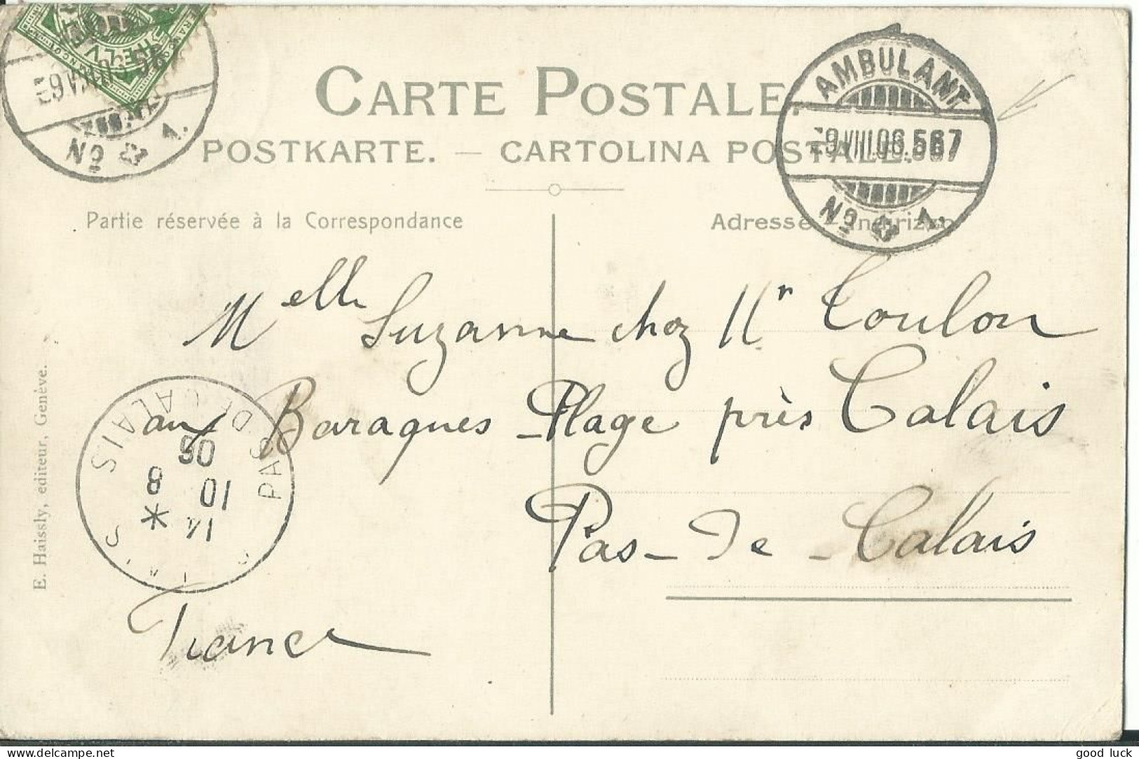 SUISSE  CARTE 5c   AMBULANT N° 1 POUR BARAQUES-PLAGE ( PAS DE CALAIS )  DE 1906 LETTRE COVER - Brieven En Documenten