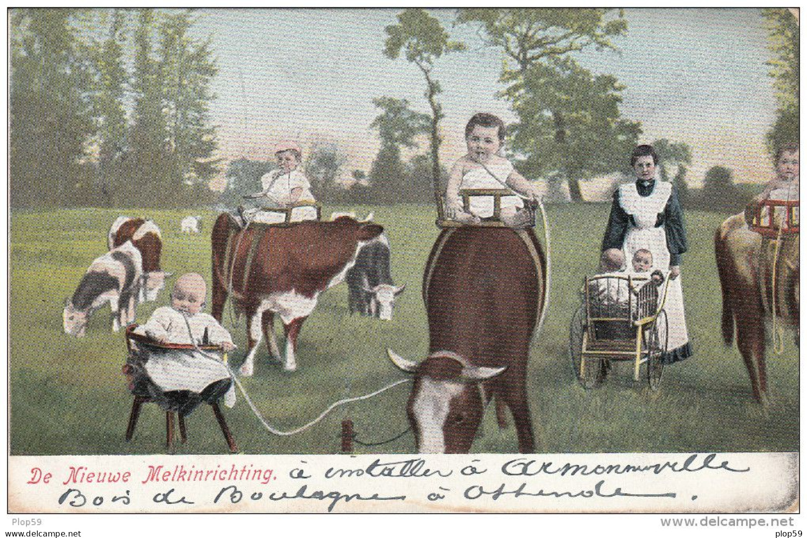 Cpa Bébé De Bon Biberon (vaches Et Bébés Poussette )de Nieuwe Melkinrichting 1907 Adressé Au Consul General De Suede - Bébés
