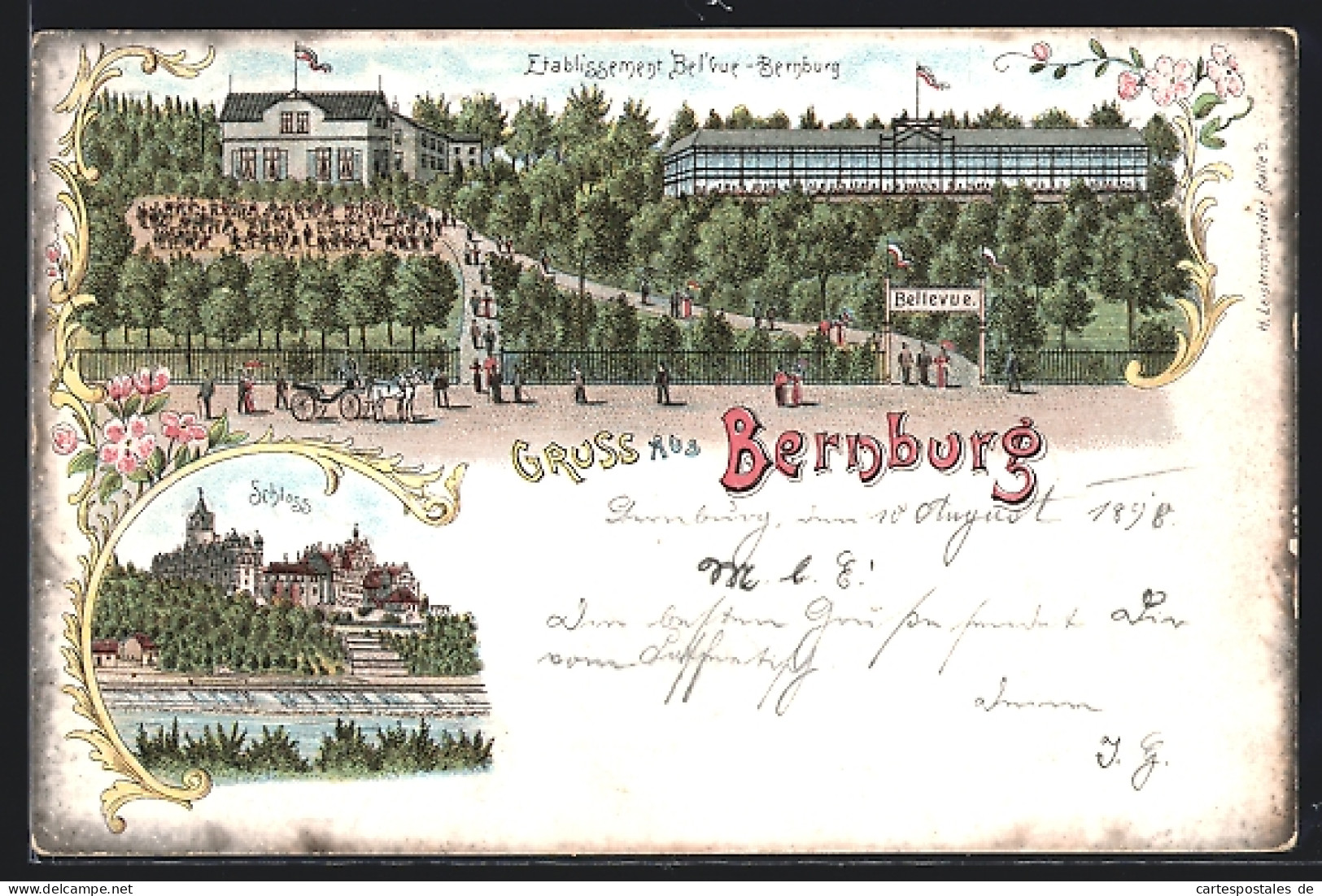 Lithographie Bernburg, Gasthaus Bellevue, Schloss  - Bernburg (Saale)