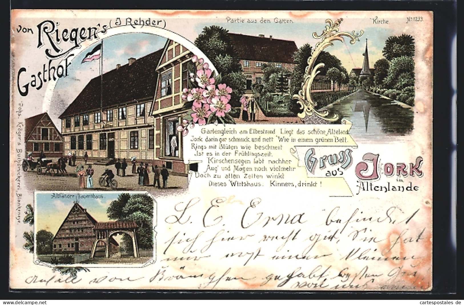 Lithographie Jork Im Altenlande, Riegen`s Gasthof Mit Garten, Altländer Bauernhaus, Kirche Am Fluss  - Altri & Non Classificati