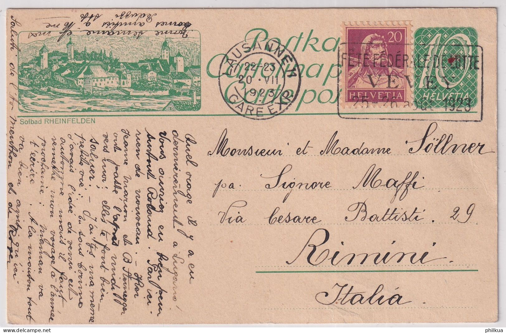 Zumst. 154 / Mi. 165x ZUSATZFRANKATUR Auf Bildpostkarte Solbad Rheinfelden - Gelaufen Ab Lausanne Nach RIMINI - Enteros Postales