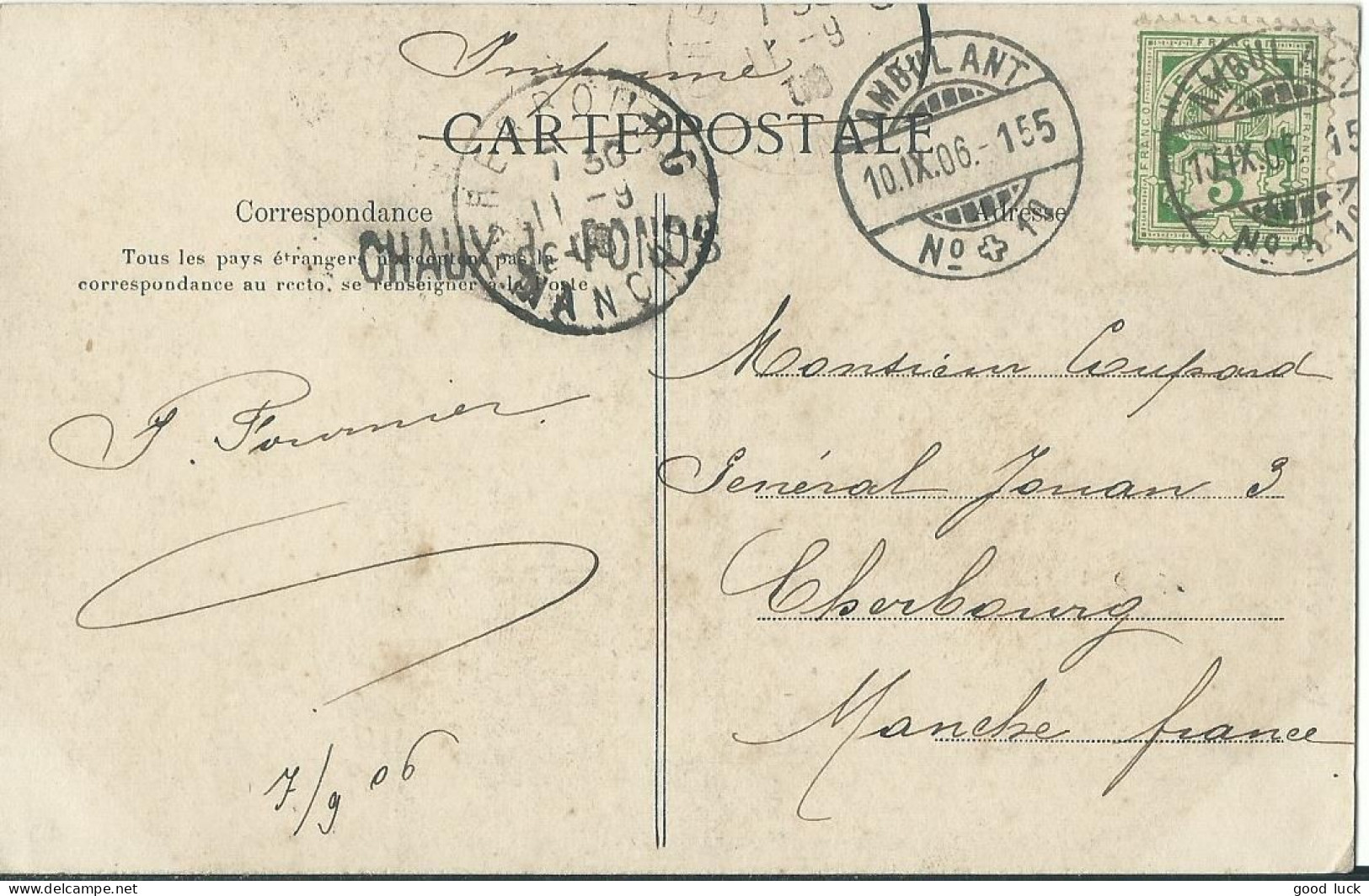 SUISSE  CARTE 5c   AMBULANT N° 10 POUR CHERBOURG ( MANCHE )  DE 1906 LETTRE COVER - Storia Postale