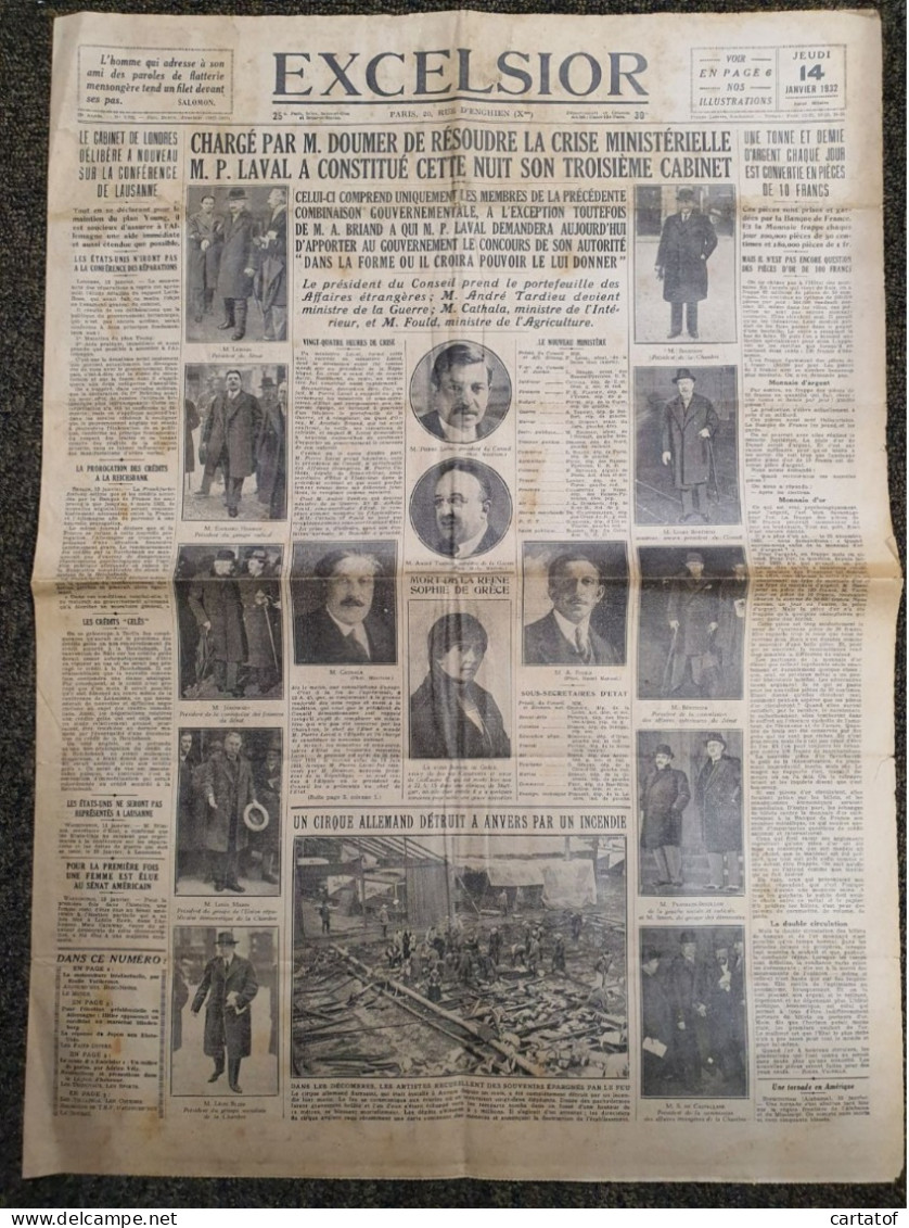 Journal EXCELSIOR . 14 Janvier 1932 . DOUMER Et LAVAL … - Andere & Zonder Classificatie