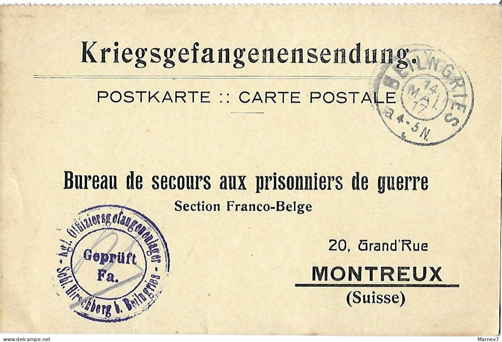 Carte Postale - Bureau Secours Aux Prisonniers De Guerre - Cad BEILNGRIES 14 MAI 17 Bavière - Camp De SCHLOSS HIRSCHBERG - Briefe U. Dokumente