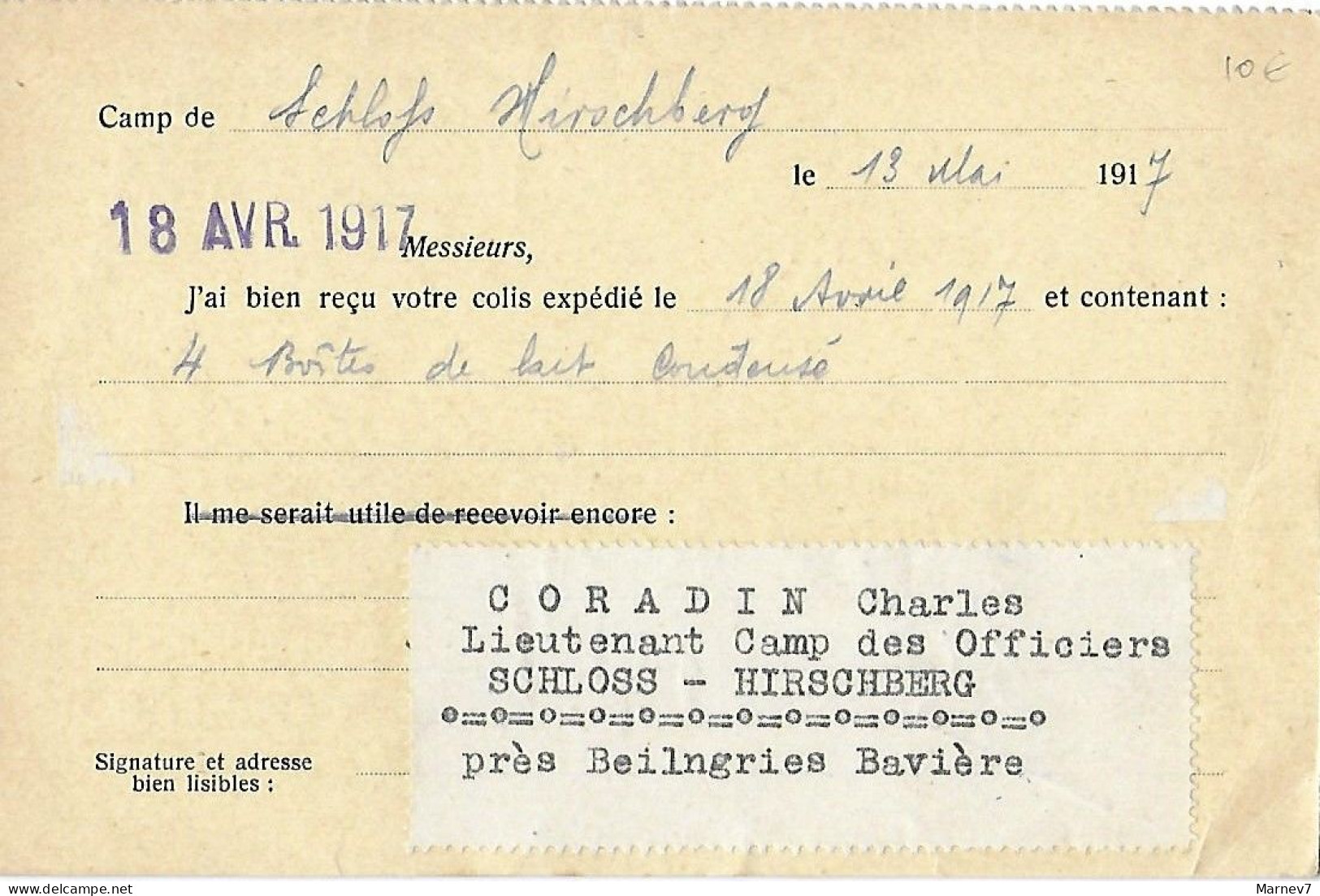 Carte Postale - Bureau Secours Aux Prisonniers De Guerre - Cad BEILNGRIES 14 MAI 17 Bavière - Camp De SCHLOSS HIRSCHBERG - Covers & Documents
