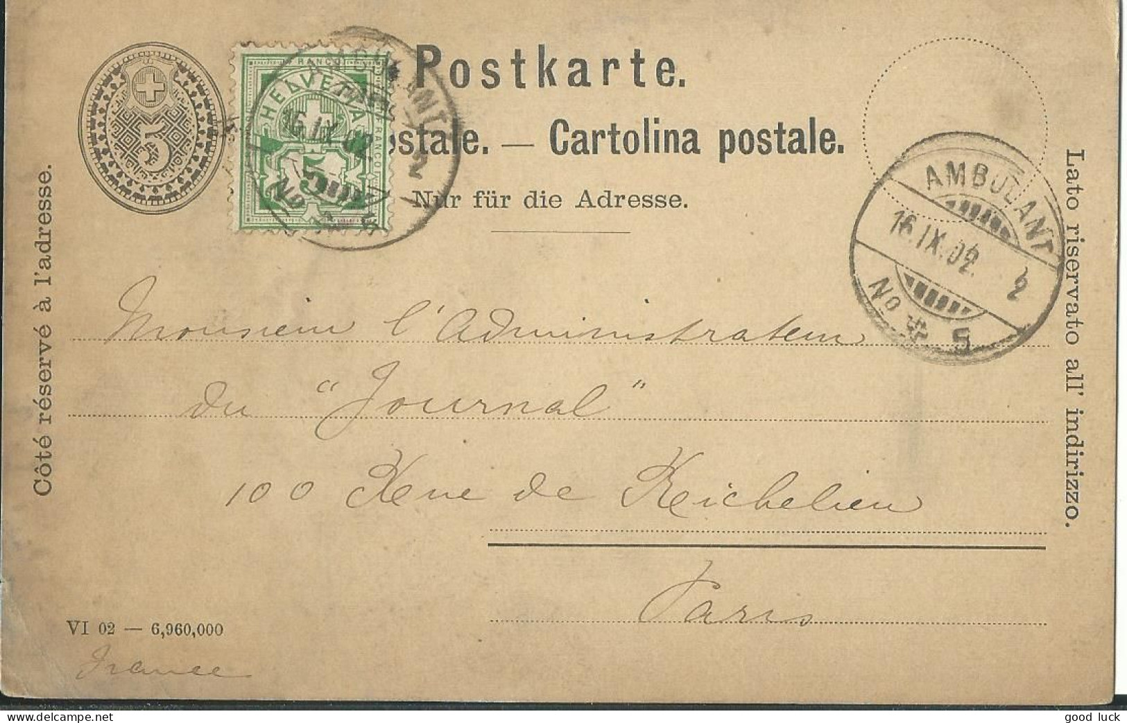SUISSE  CARTE 5c + 5c   AMBULANT N° 5 POUR PARIS  DE 1902 LETTRE COVER - Storia Postale