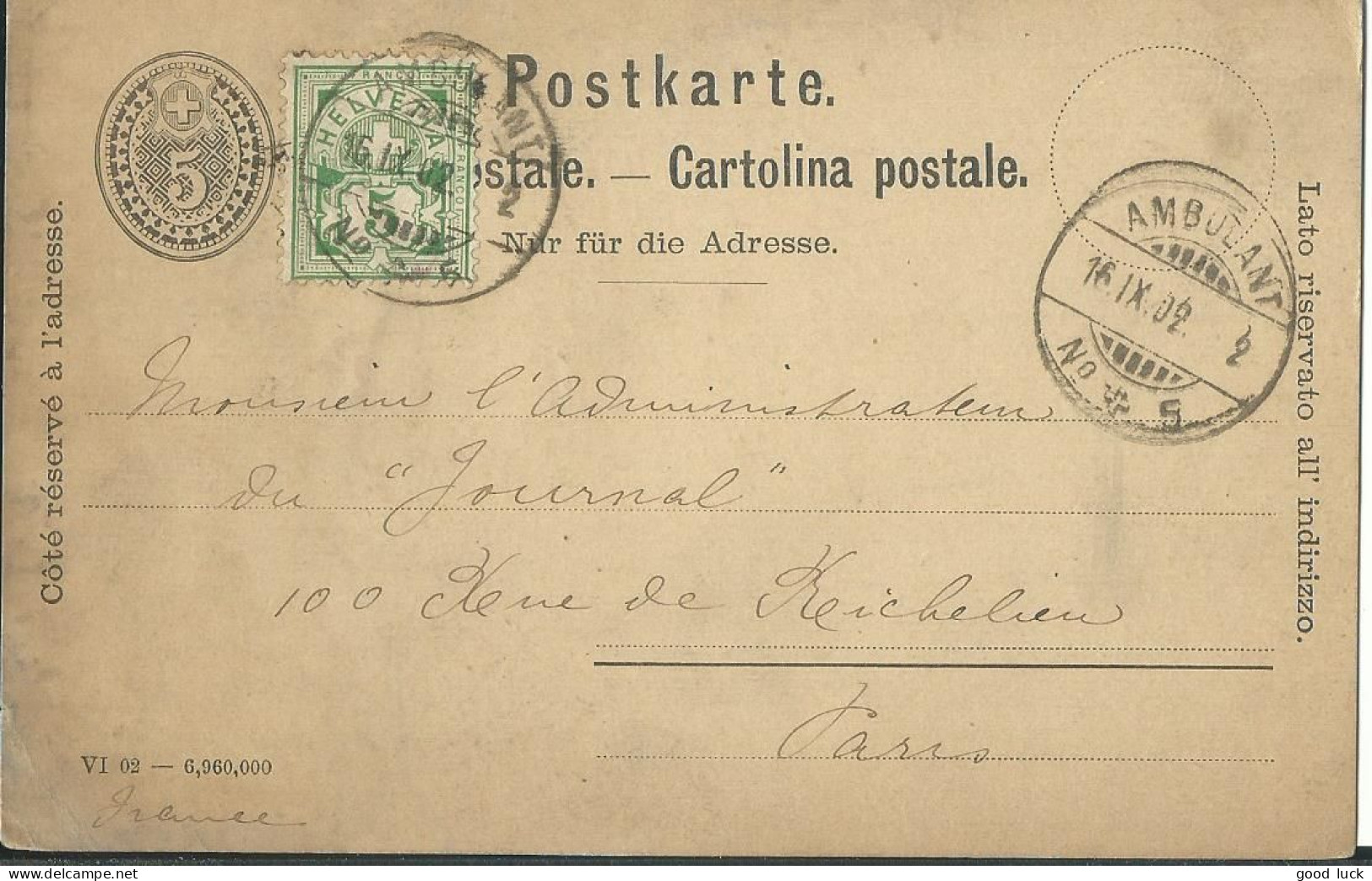 SUISSE  CARTE 5c + 5c   AMBULANT N° 5 POUR PARIS  DE 1902 LETTRE COVER - Covers & Documents