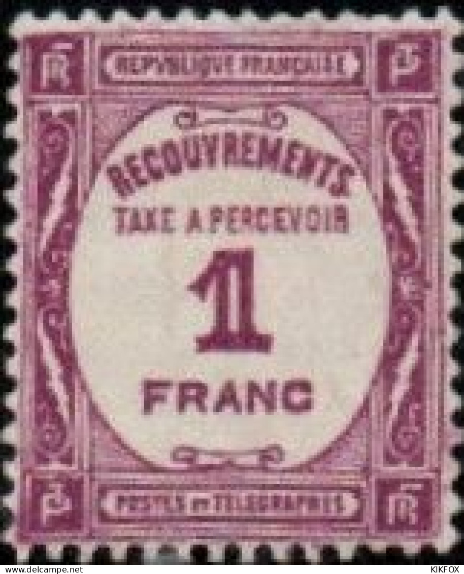 FRANCE ,FRANKREICH 1927, YV 59*, MI 60 *,  TAXE,1 FRANC  RECOUVREMENTS, Neuf Avec Gomme CHARNIERE - 1859-1959 Postfris