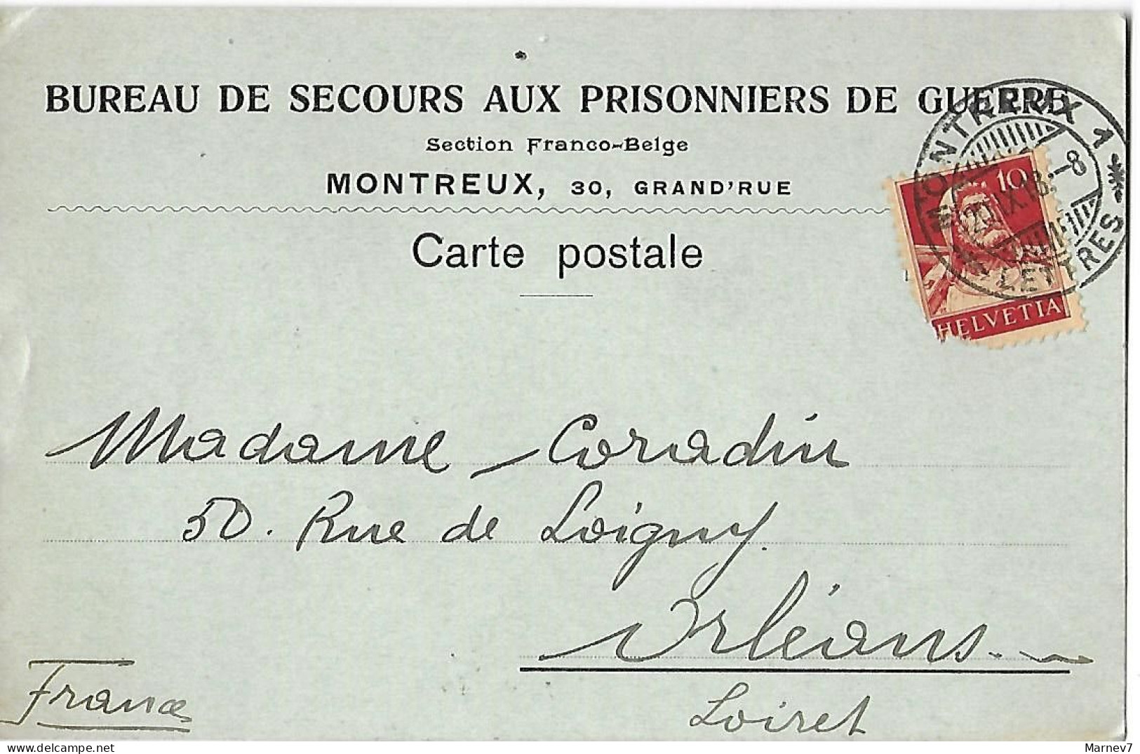 Carte Postale - Bureau Secours Aux Prisonniers De Guerre - Cad MONTREUX 20 IX 18 - Section Franco-Belge De Berne - Lettres & Documents