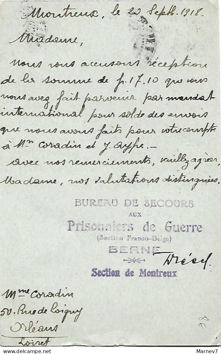 Carte Postale - Bureau Secours Aux Prisonniers De Guerre - Cad MONTREUX 20 IX 18 - Section Franco-Belge De Berne - Lettres & Documents