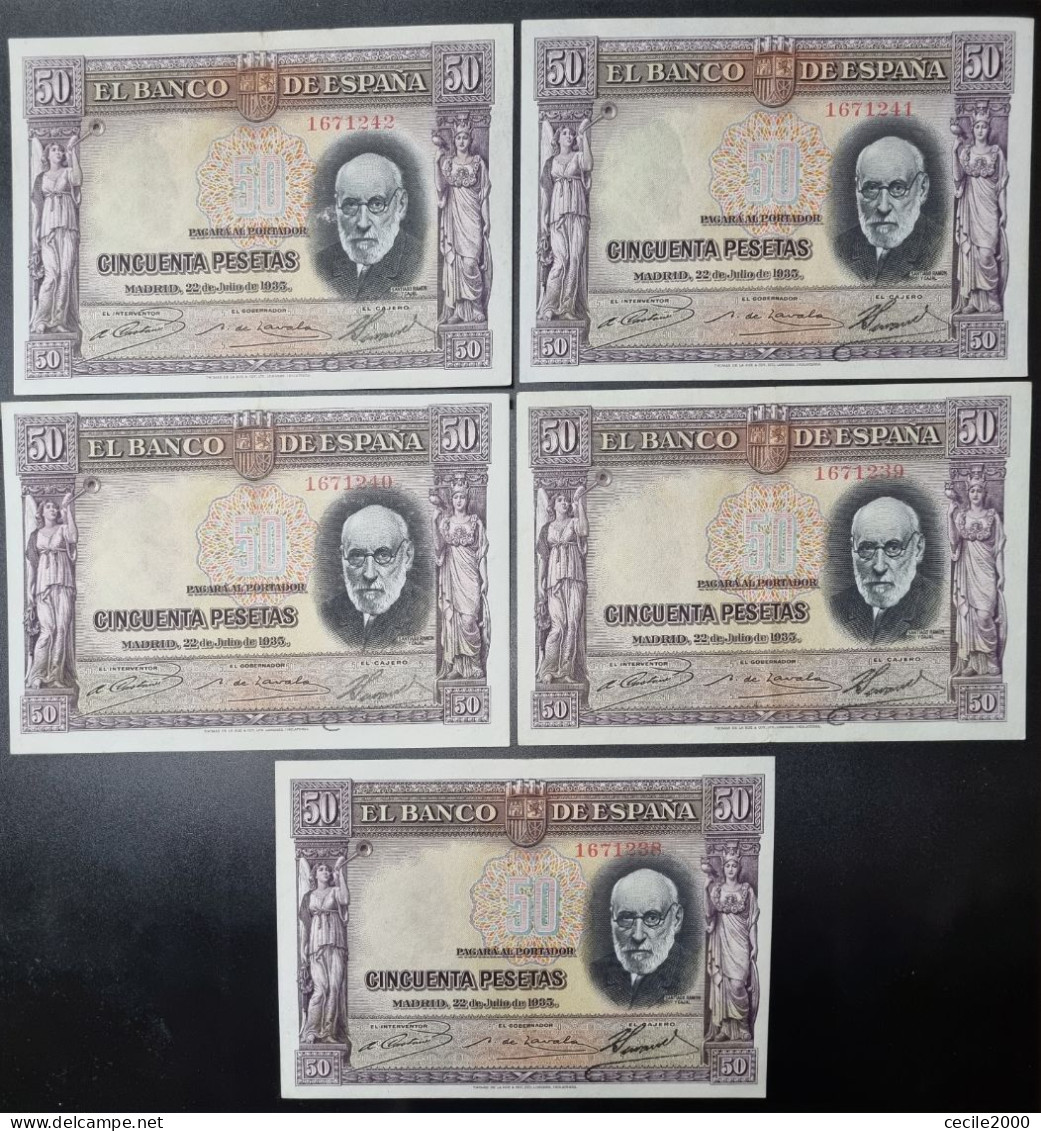 SEQUENTIAL NUMBER SPAIN BANKNOTE LOT 50 PESETAS 1935 AUNC /EBC+/EBC LOTE 5 BILLETES ESPAÑA *COMPRAS MULTIPLES CONSULTAR - 50 Pesetas