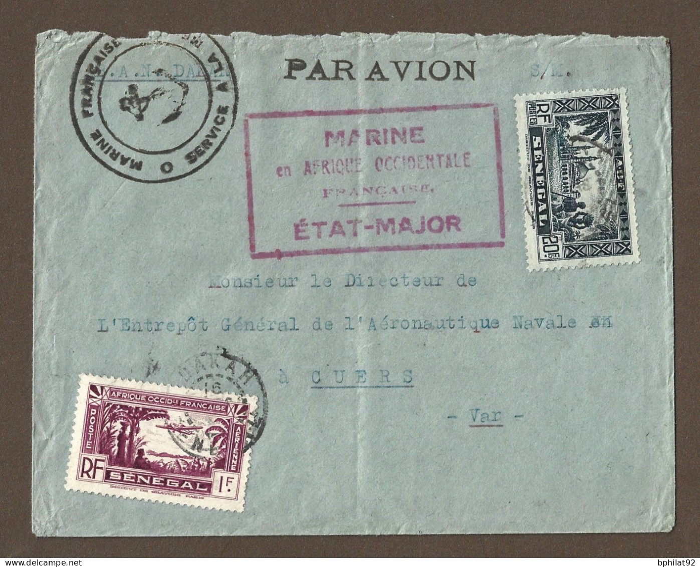 !!! SÉNÉGAL, LETTRE PAR AVION DE LA BASE AÉRONAVALE DE DAKAR POUR LA FRANCE AVEC CACHET DE L'ÉTAT MAJOR DE LA MARINE - Lettres & Documents