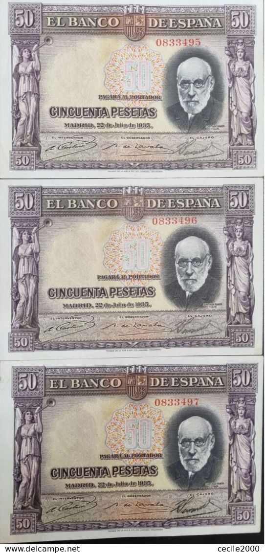 SEQUENTIAL NUMBER SPAIN BANKNOTE LOT 50 PESETAS 1935 AUNC /EBC+/EBC LOTE 3 BILLETES ESPAÑA *COMPRAS MULTIPLES CONSULTAR - 50 Pesetas