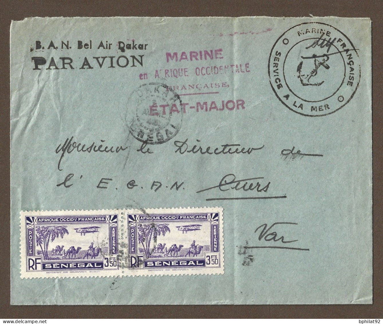 !!! SÉNÉGAL, LETTRE FM PAR AVION DE LA BASE AÉRONAVALE DE DAKAR POUR LA FRANCE DE 1942 AVEC CACHET DE L'ETAT-MAJOR - Storia Postale