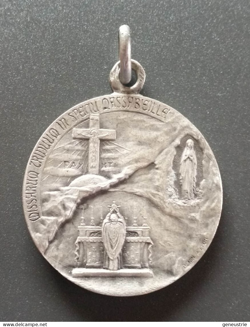 Beau Médaillon Pendentif Médaille Religieuse Argent 800 Début XXe "Pape Pie XI / Sanctuaire De Lourdes - 1935" - Godsdienst & Esoterisme
