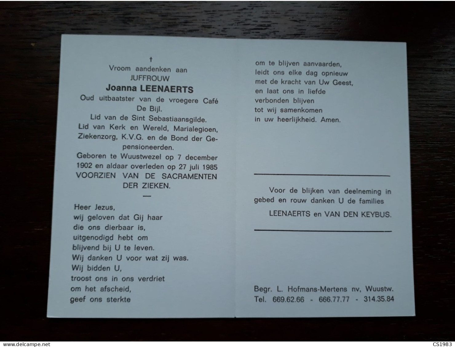 Oud Uitbaatster Café De Bijl - Joanna Leenaerts ° Wuustwezel 1902 + Wuustwezel 1985 (Fam: Van Den Keybus) - Décès