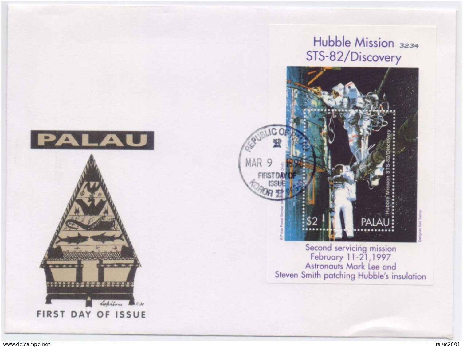 Hubble Mission Discovery, Servicing, Telescope, Astronauts Mark Lee & Steven Smith Patching Hubble's Insulation MS FDC - Sterrenkunde