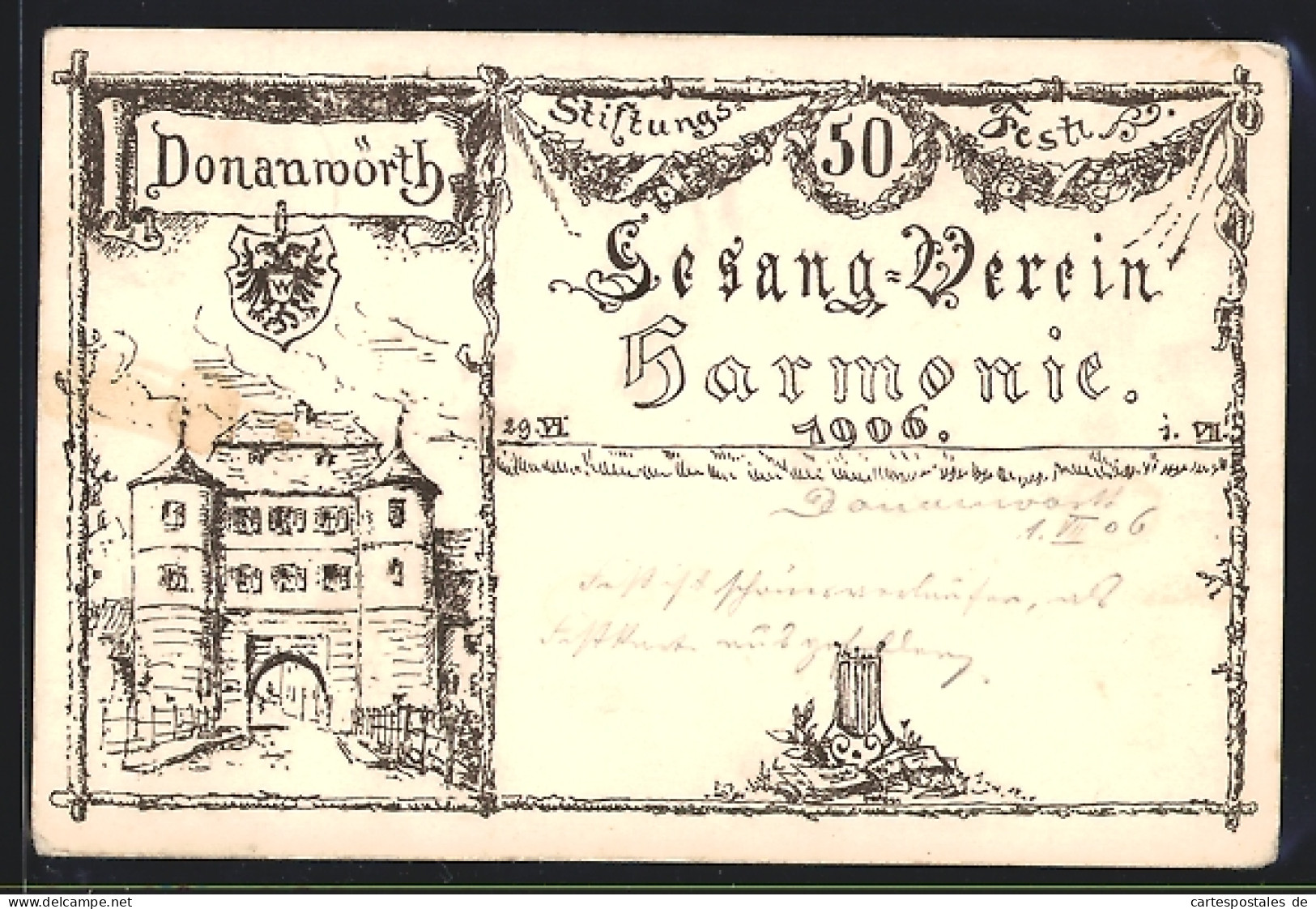 Künstler-AK Donauwörth, Partie Am Torbogen, Karte Zum Stiftungsfest Des Gesang-Vereins Harmonie 1906  - Other & Unclassified