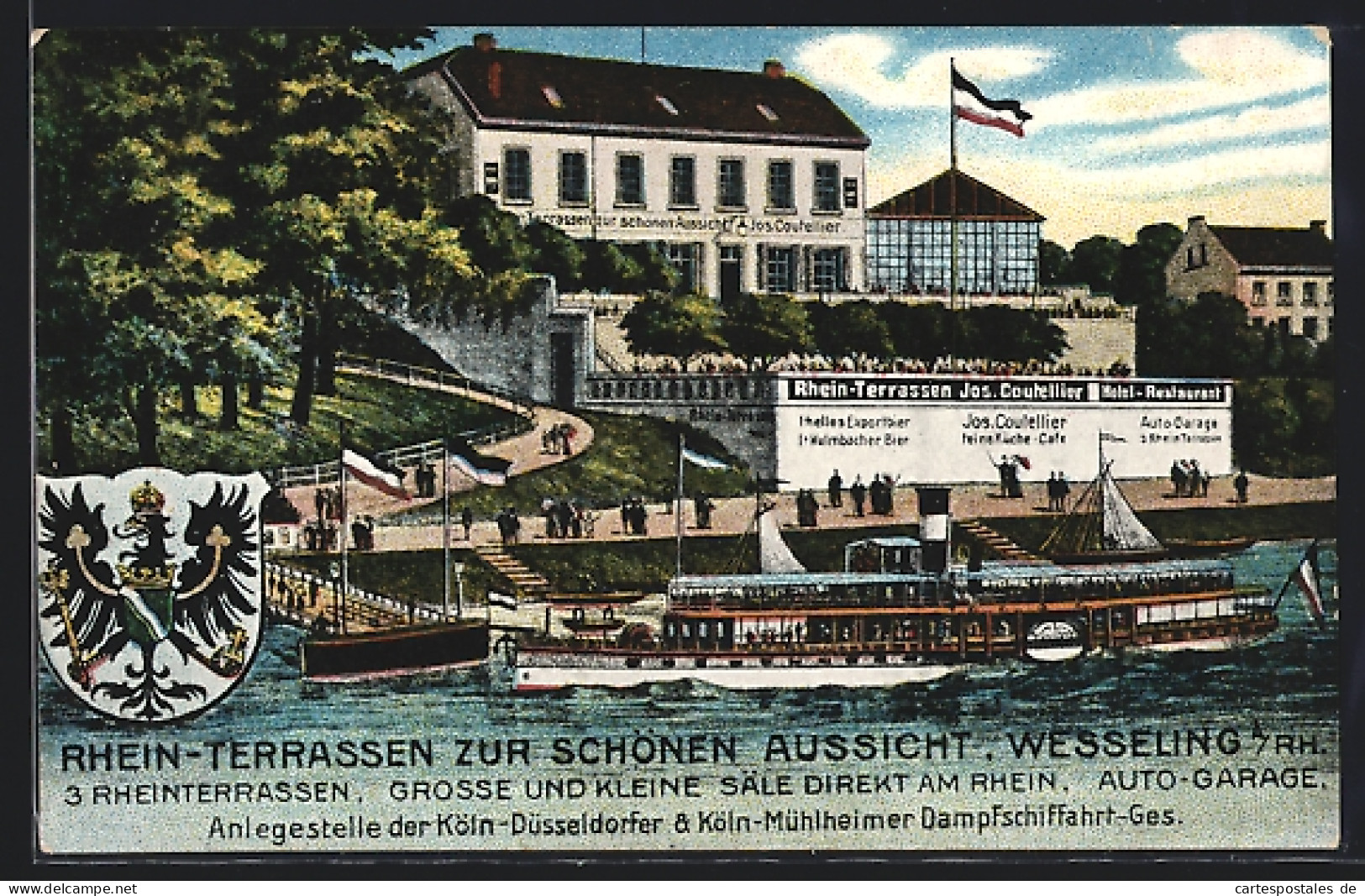 Lithographie Wesseling A. Rh., Restaurant Rhein-Terrassen Zur Schönen Aussicht, Rheindampfer, Wappen  - Wesseling