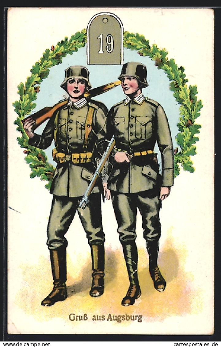 Präge-AK Augsburg, Infanterie-Regiment 19, Zwei Bewaffnete Soldaten In Uniform In Einem Eichblatt-Kranz  - Regimenten