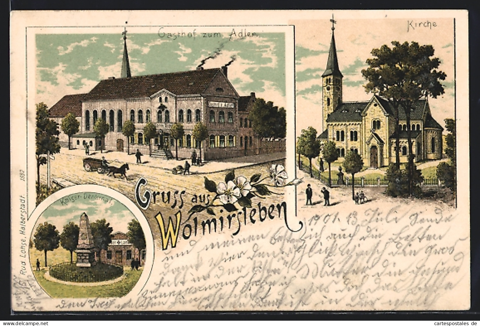 Lithographie Wolmirsleben, Gasthof Zum Adler, Kirche, Kaiser-Denkmal  - Otros & Sin Clasificación