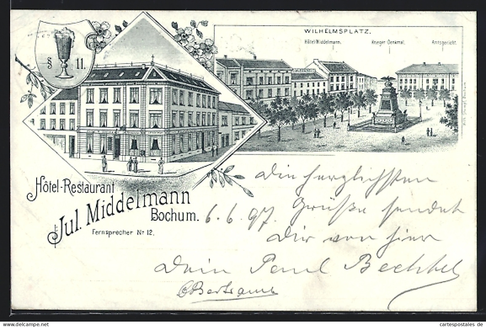 Lithographie Bochum, Hotel-Restaurant Jul. Middelmann, Wilhelmsplatz Mit Hotel, Krieger-Denkmal Und Amtsgericht  - Bochum