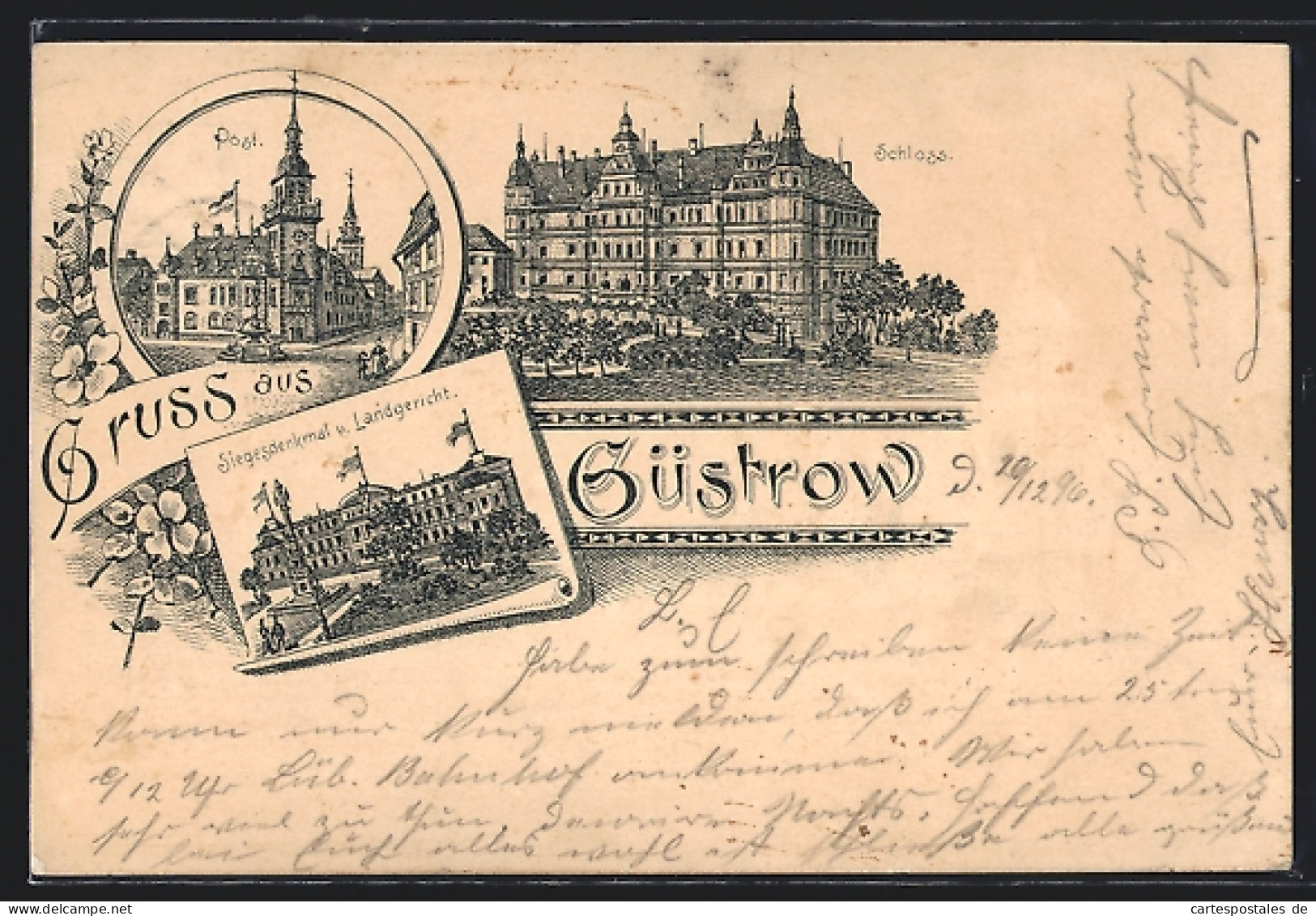 Lithographie Güstrow, Siegesdenkmal U. Landgericht, Schloss, Post  - Guestrow