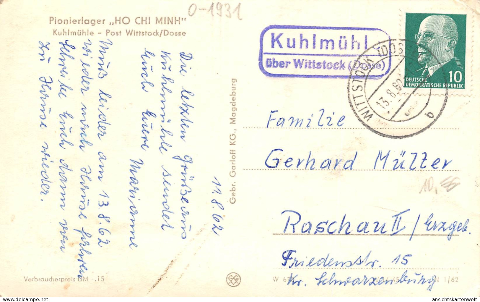 Wittstock (Dosse) Kuhlmühle Pionierlager Gl1962 #169.071 - Altri & Non Classificati