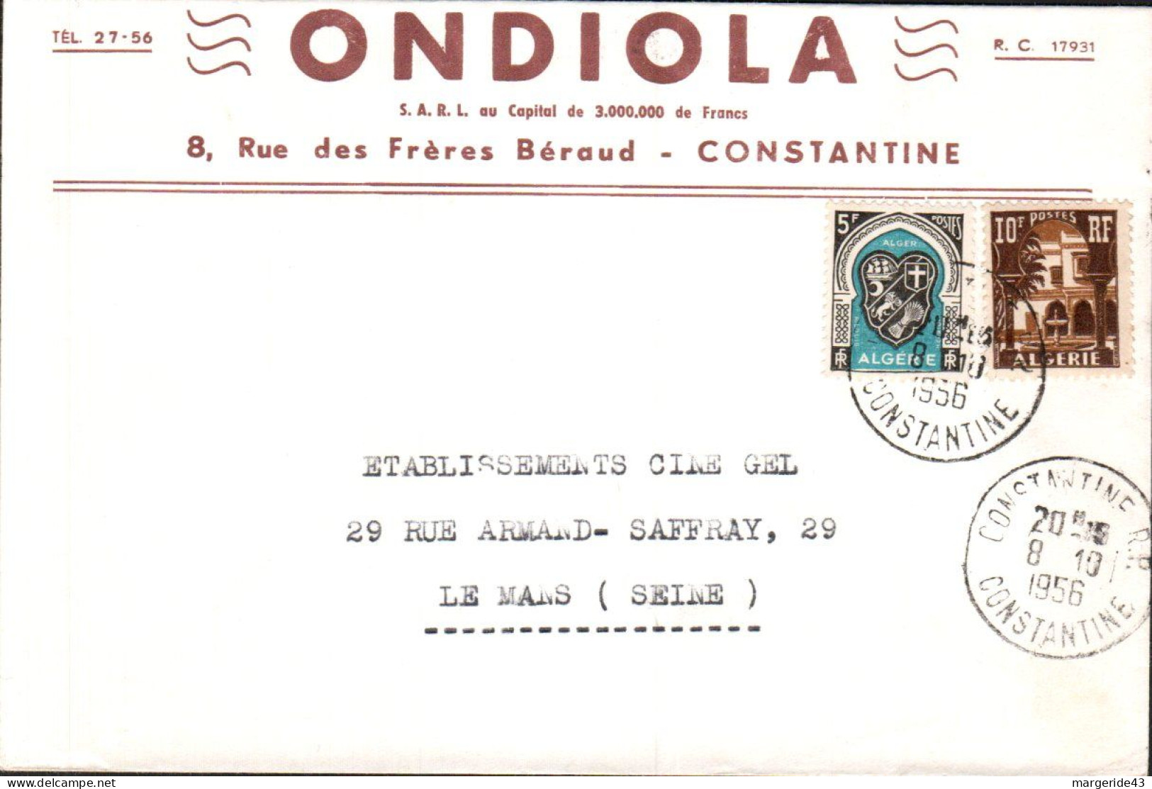 ALGERIE AFFRANCHISSEMENT COMPOSE SUR LETTRE A EN TETE DE CONSTANTINE POUR LA FRANCE 1956 - Cartas & Documentos