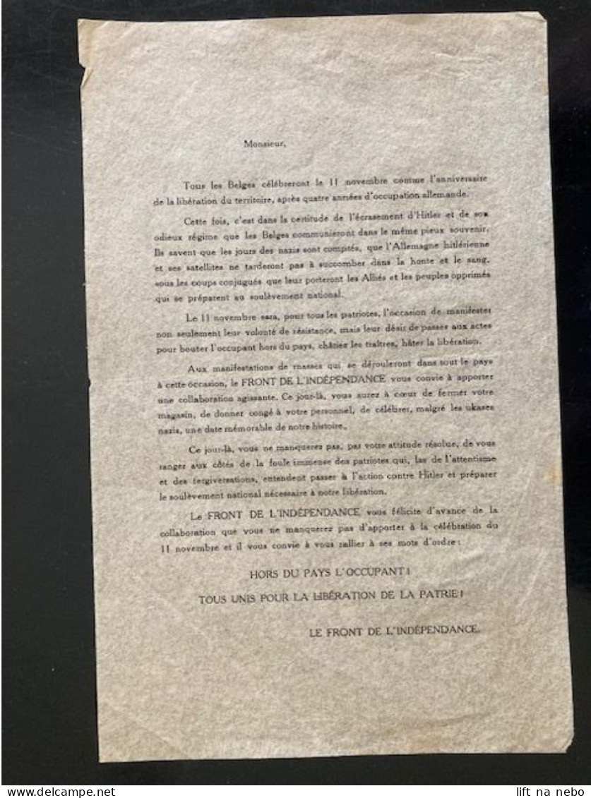 Tract Presse Clandestine Résistance Belge WWII WW2 'Monsieur, Tous Les Belges Célébreront Le 11 Novembre Comme... - Documentos