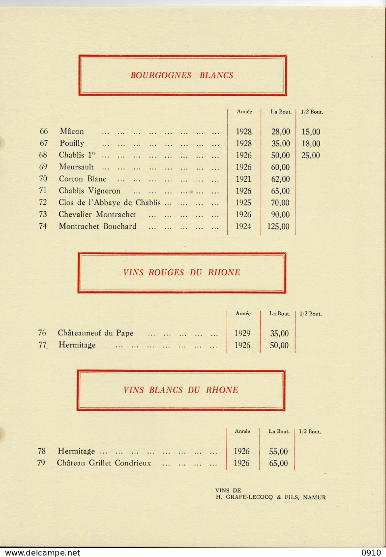 CARTE DES VINS-1936-PALACE HOTEL DES BAINS-SPA-IMPRIMERIE GODENNE,NAMUR