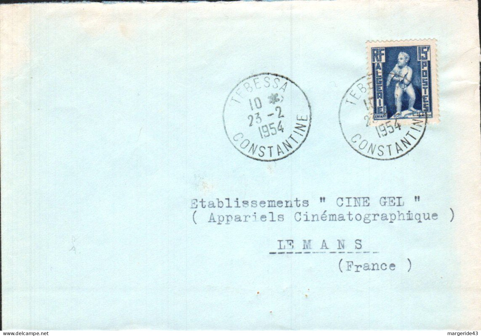 ALGERIE SEUL SUR LETTRE DE TEBESSA POUR LA FRANCE 1954 - Cartas & Documentos
