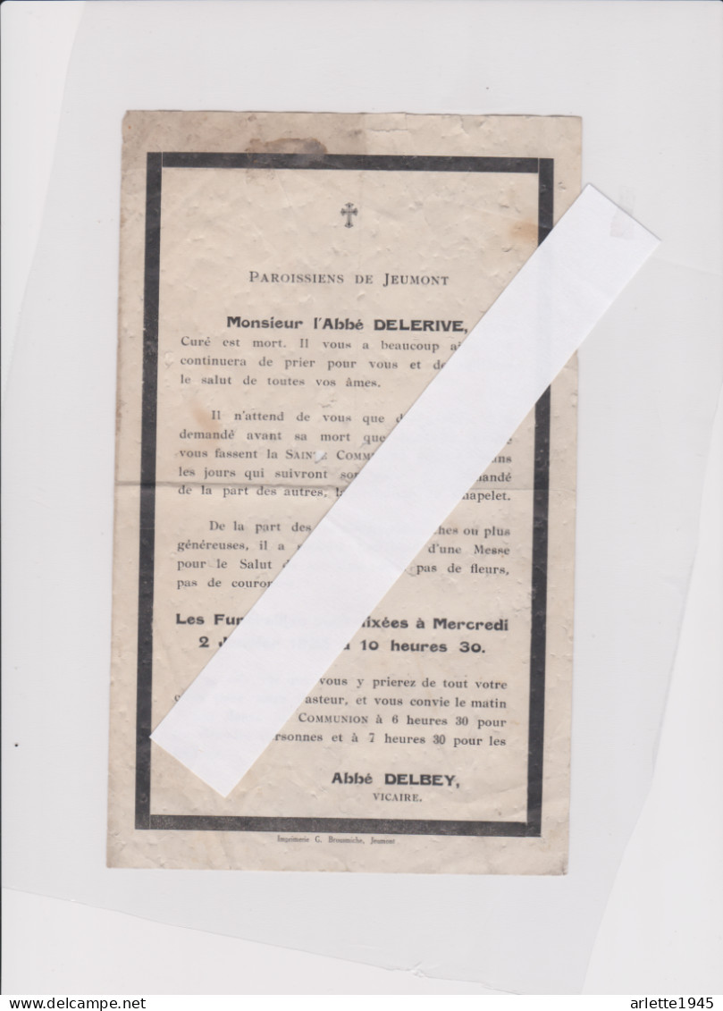 PAROISSE DE JEUMONT DECE MONSIEUR L'ABBE DELERIVE 1935 - Andachtsbilder