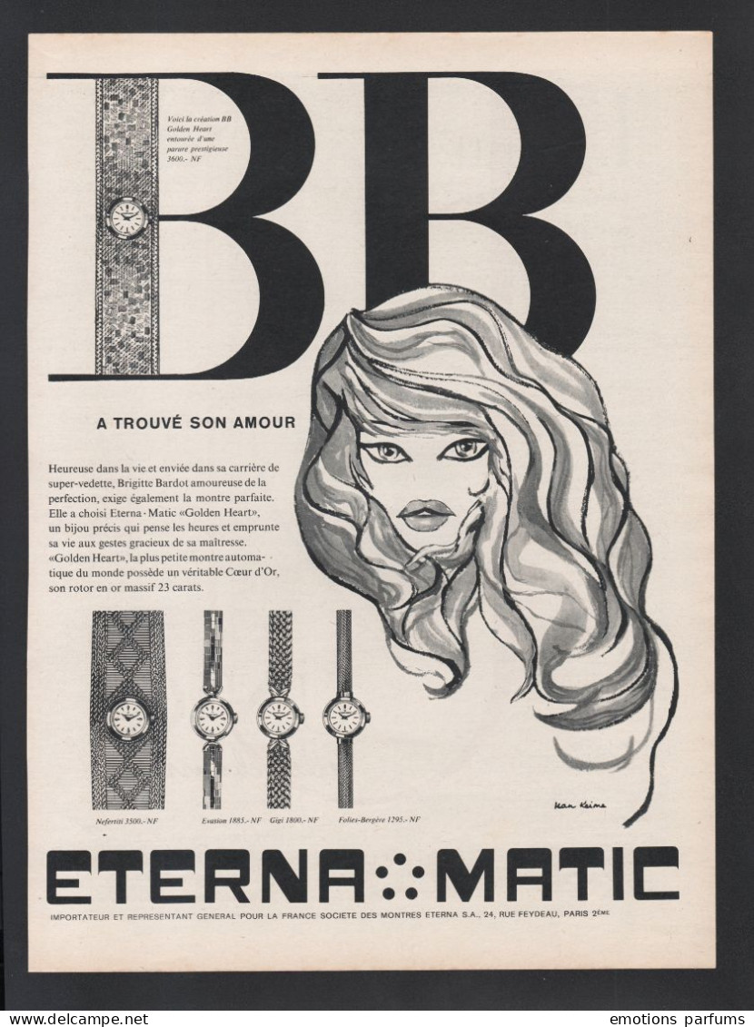 Pub  1960   Montre Eterna Matic Dessin Visage BB Brigitte Bardot Illustrateur Jean Keime Montres - Advertising