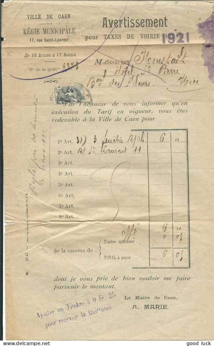 FRANCE  LETTRE TAXE VOIRIE 1c CAEN ( CALVADOS ) POUR NICE ( ALPES MARITIMES ) DE 1921 LETTRE COVER - 1921-1960: Période Moderne