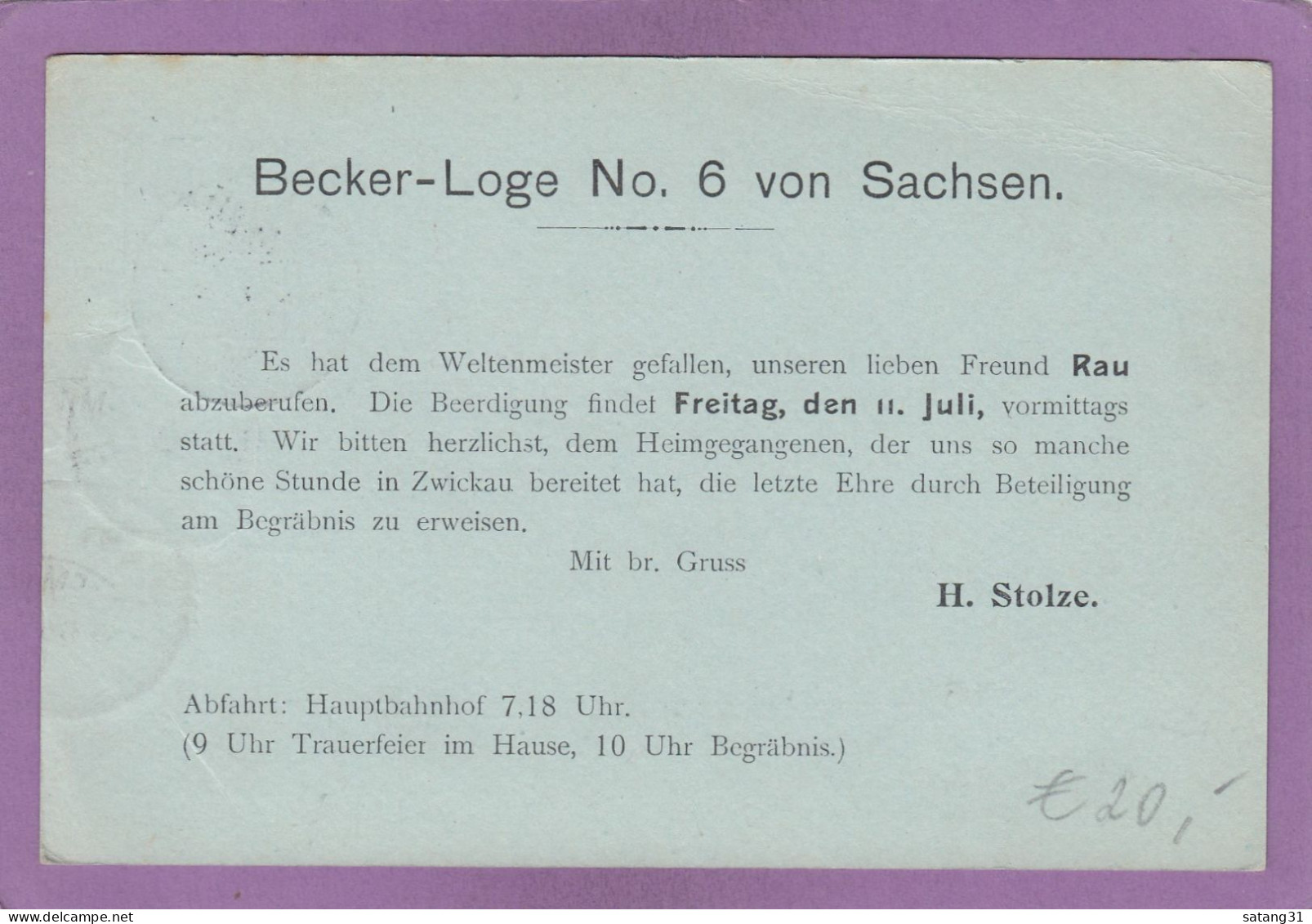 GANZSACHE MIT PRIVATER ZUDRUCK "BECKER-LOGE NO. 6 VON SACHSEN ", BEGRÄBNIS. - Tarjetas