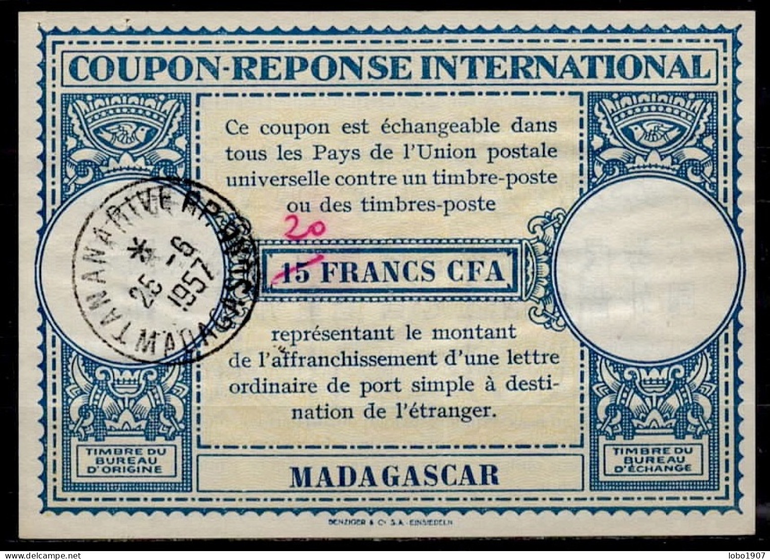 MADAGASCAR  Lo15  20 / 15 FRANCS CFA International Reply Coupon Reponse Antwortschein IRC IAS  O TANANARIVE 25.06.57 - Brieven En Documenten