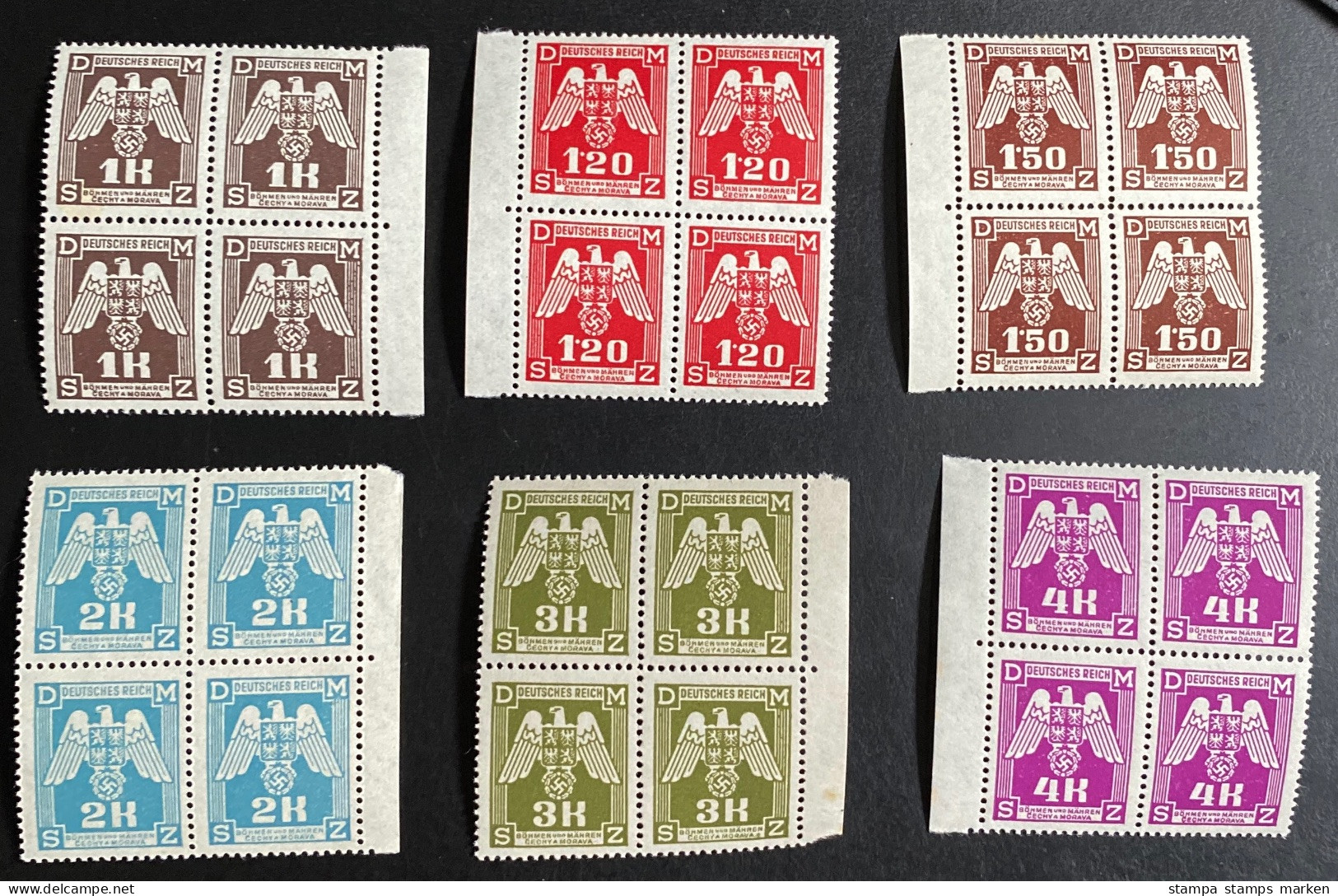 Deutsches Reich Böhmen Und Mähren 1943 Dienstmarken Mi. 18 - 23 Bogenrand Viererblocks Postfrisch/** MNH - Unused Stamps