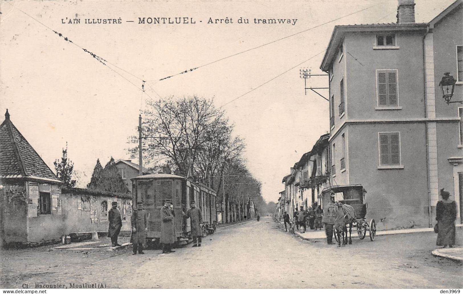 MONTLUEL (Ain) - Arrêt Du Tramway - Attelage De Cheval - Voyagé 1915 (2 Scans) Auguste Simond, Maire à Die Drôme - Montluel