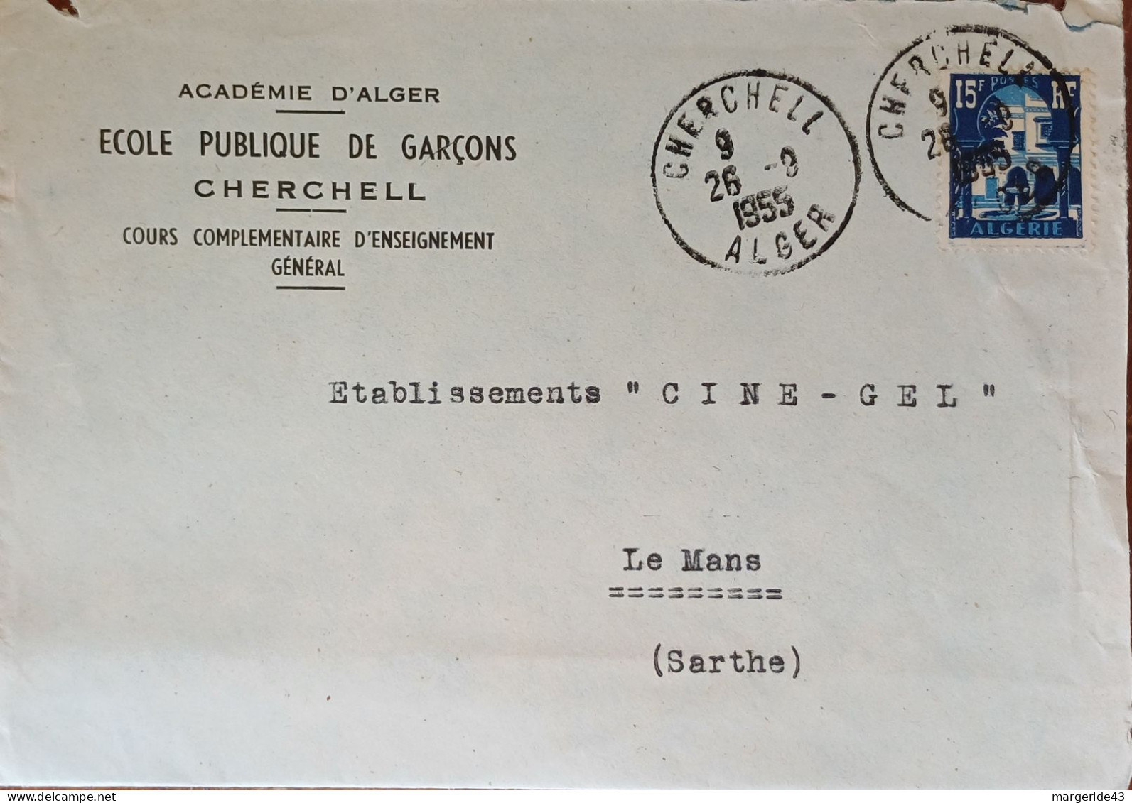 ALGERIE SEUL SUR LETTRE A EN TETE DE CHERCHELL POUR LA FRANCE 1955 - Cartas & Documentos