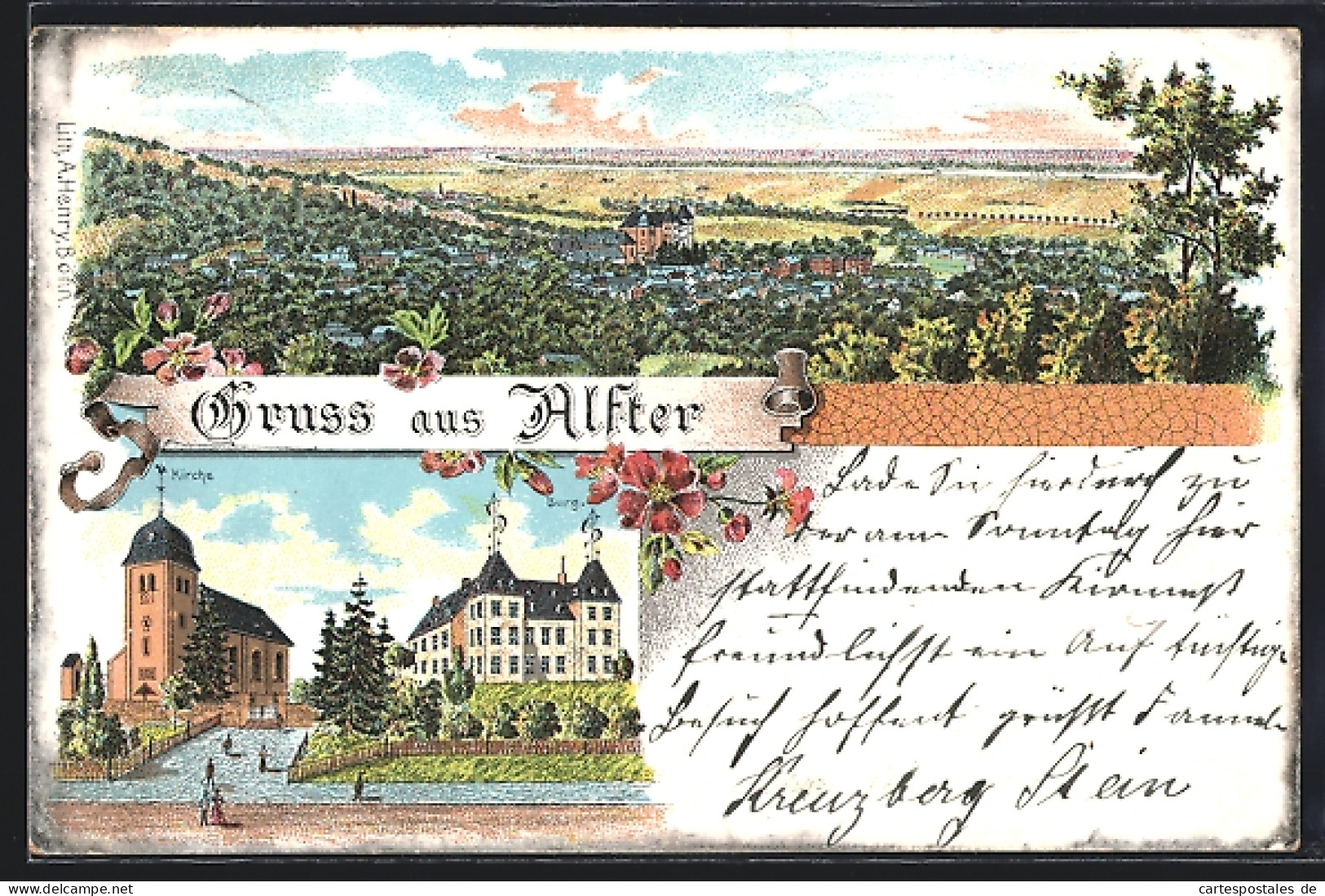 Lithographie Alfter, Ortsansicht Mit Burg Und Kirche  - Autres & Non Classés