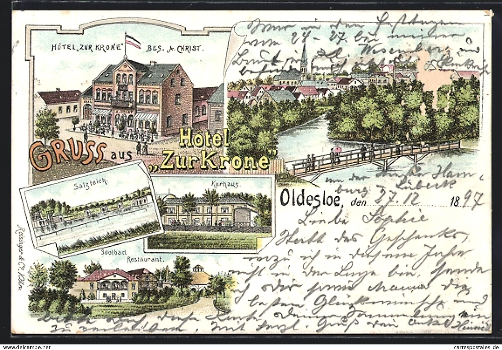 Lithographie Oldesloe, Hotel Zur Krone, Soolbad Restaurant, Kurhaus  - Bad Oldesloe