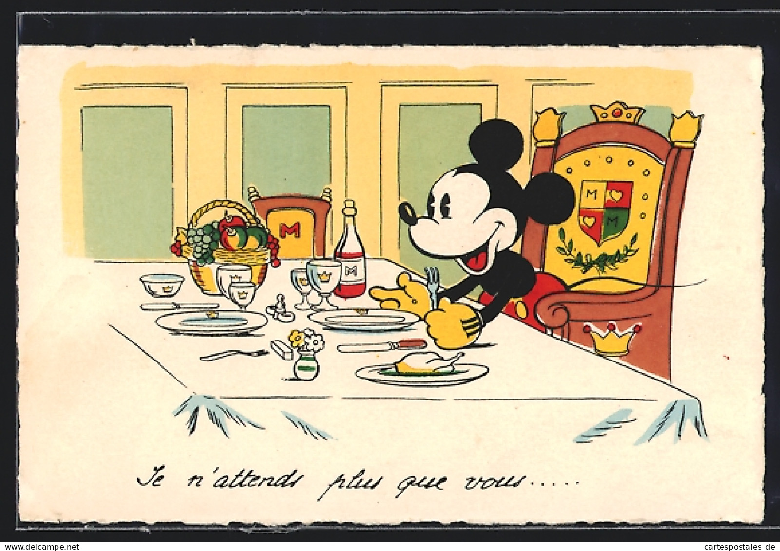 AK Micky Mouse Erwartet Sein Essen Am Tisch, Comic  - Comicfiguren