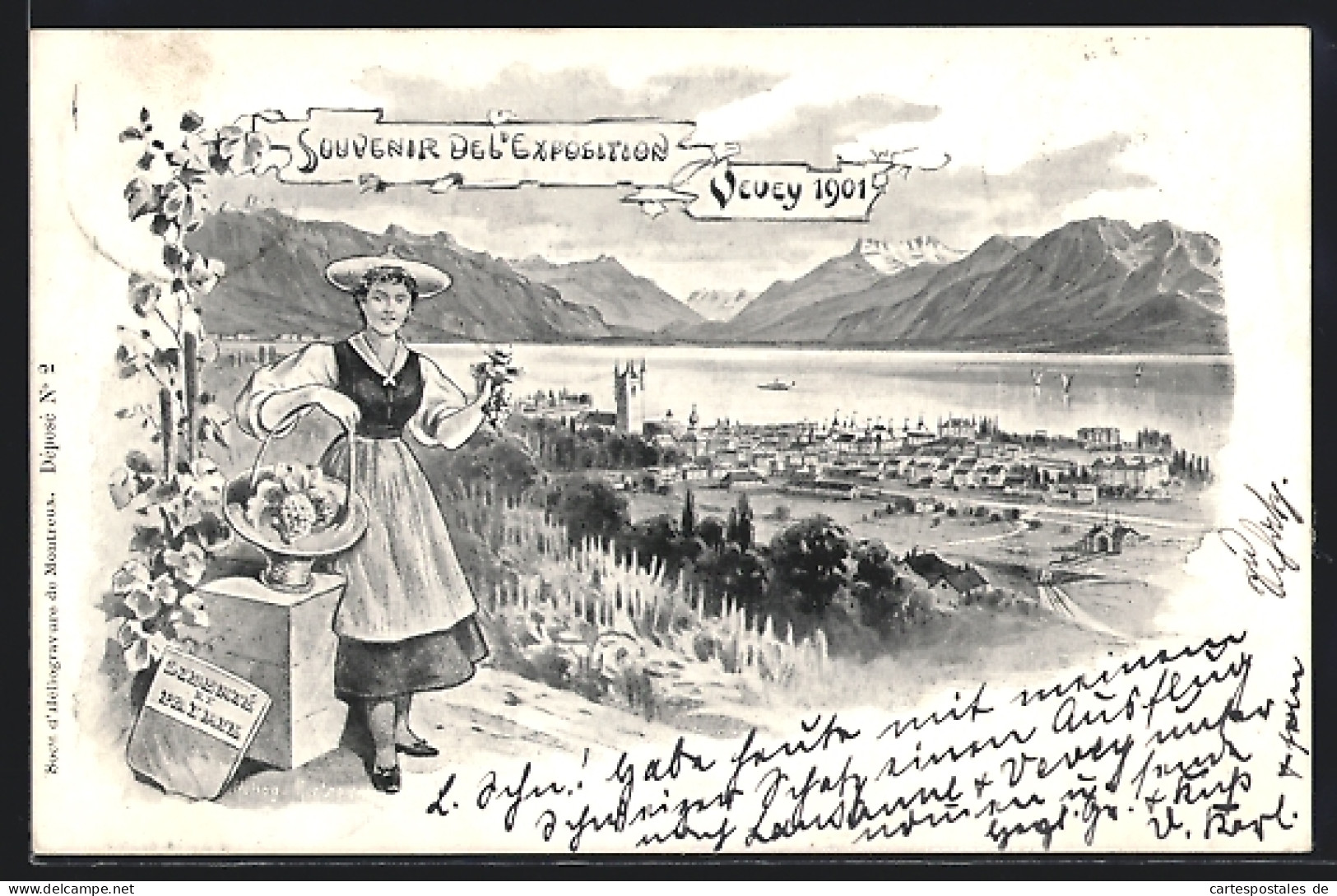 AK Vevey, Souvenir Del'Exposition 1901, Blick Auf Die Ortschaft, Frau In Tracht  - Exposiciones