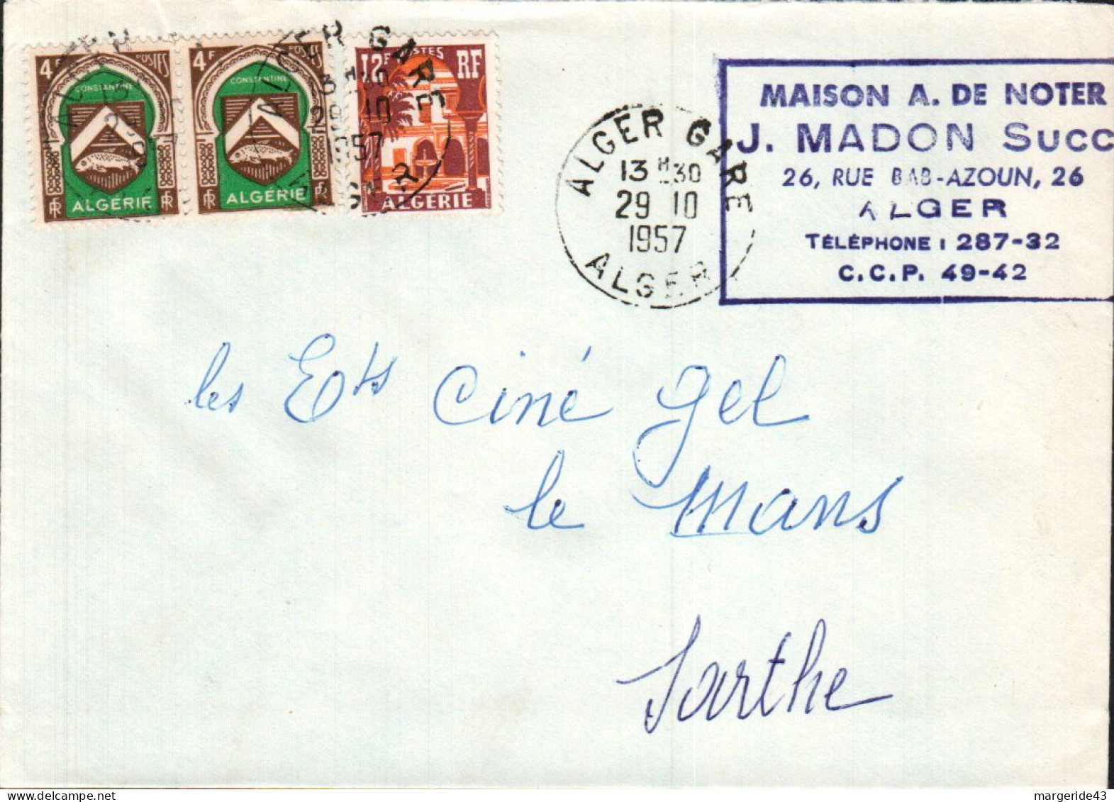ALGERIE AFFRANCHISSEMENT COMPOSE SUR LETTRE A EN TETE POUR LA FRANCE 1957 - Briefe U. Dokumente