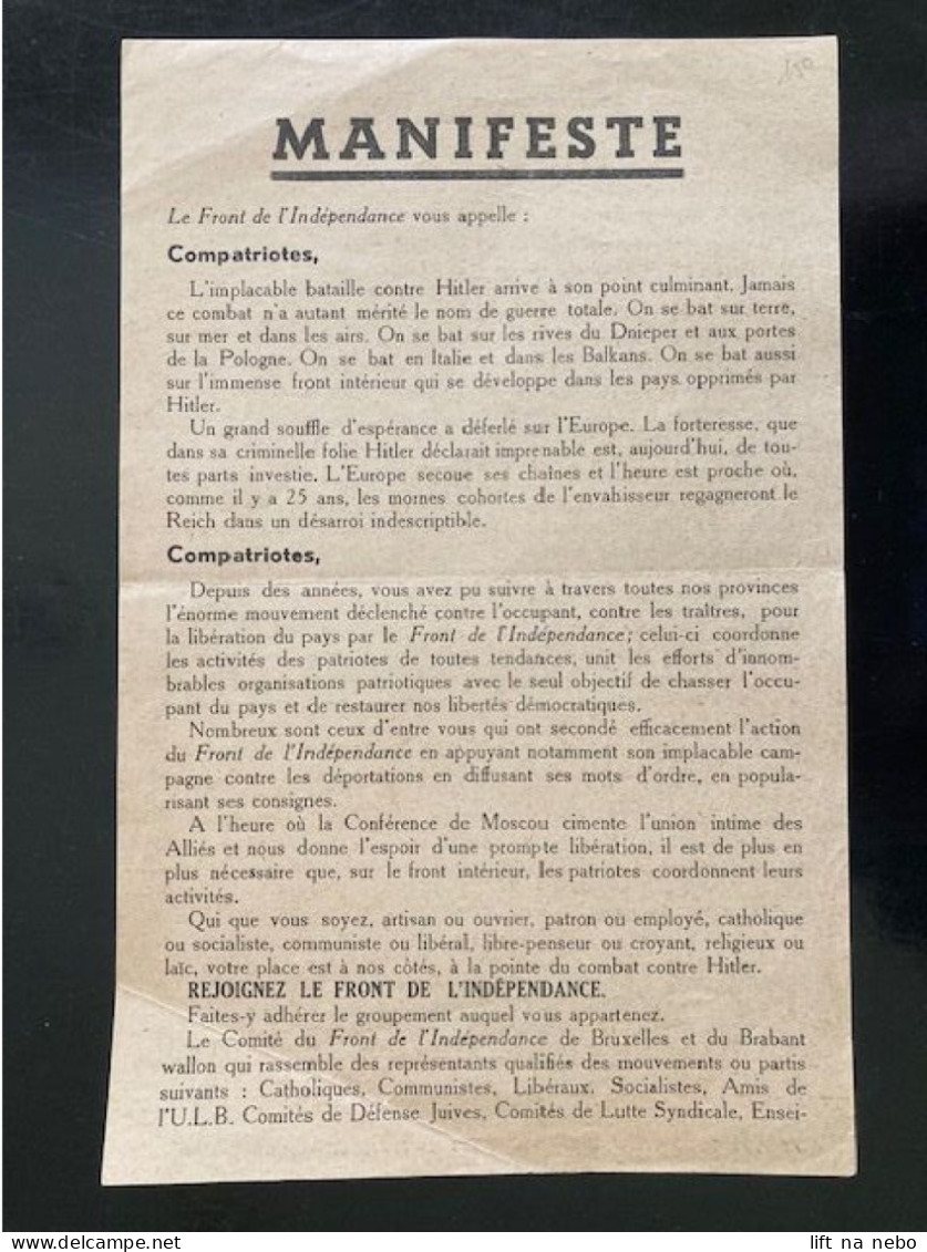 Tract Presse Clandestine Résistance Belge WWII WW2 'Manifest' Le Front De L'Independance... Printed On Both Sides - Documentos