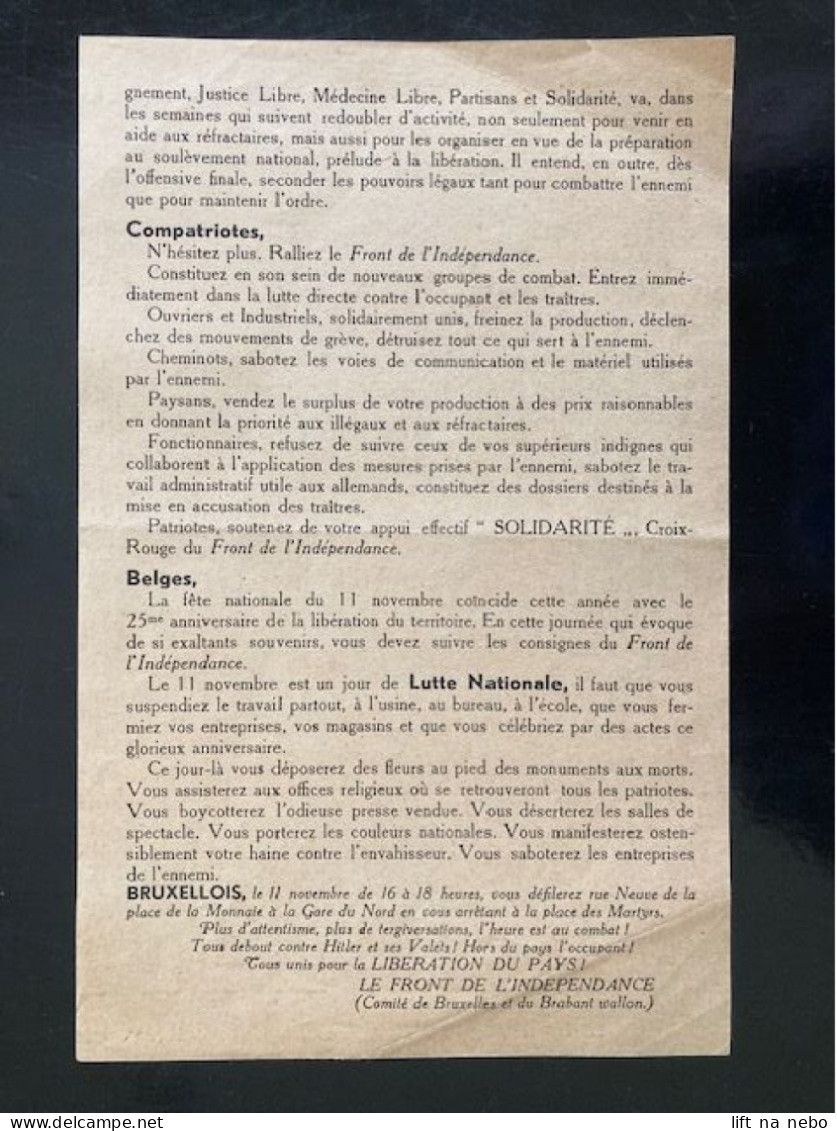 Tract Presse Clandestine Résistance Belge WWII WW2 'Manifest' Le Front De L'Independance... Printed On Both Sides - Dokumente