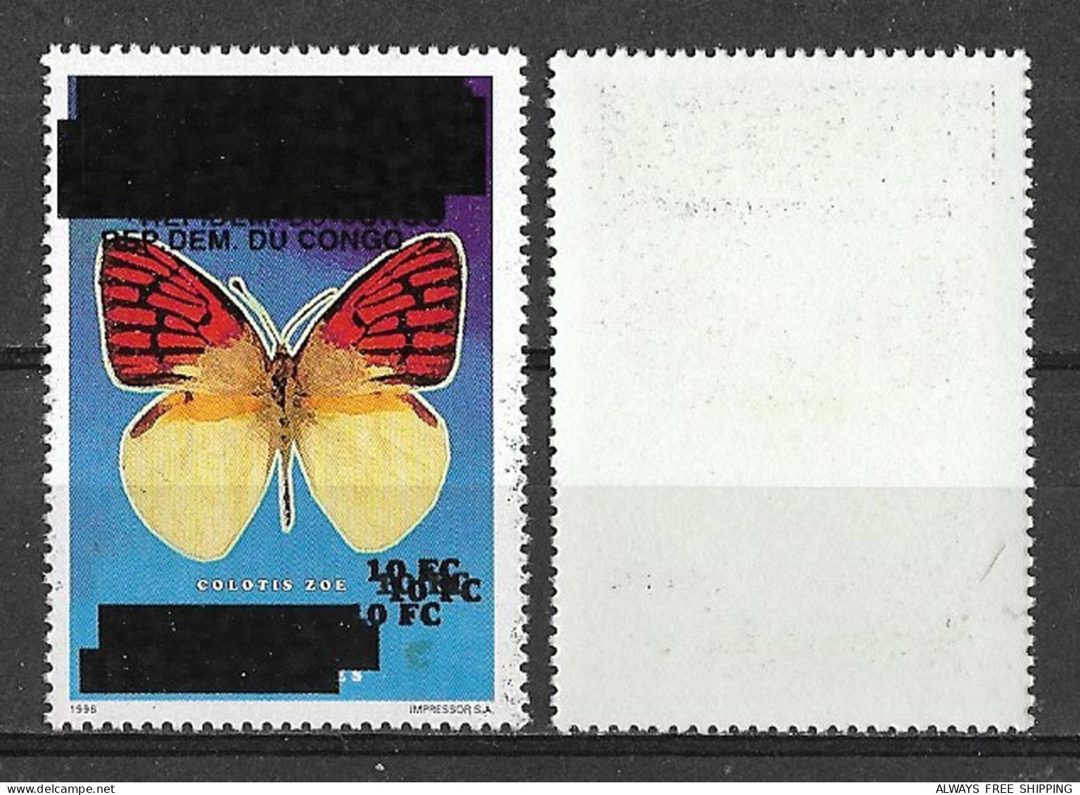 2000 Congo Zaire - Error Triple Overprint - Insects Moths Butterflies Veined Golden Arab Colotis Zoe MNH - Schmetterlinge